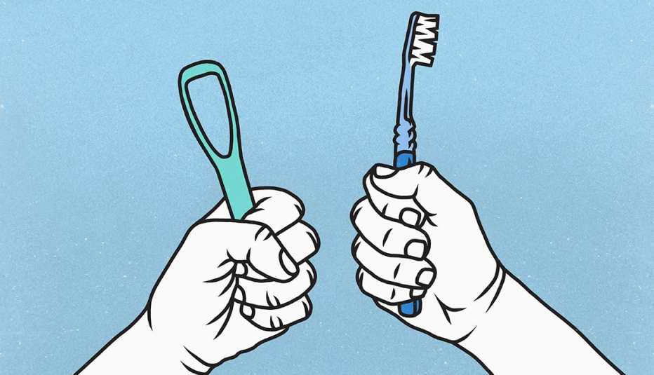 Ilustración de dos manos, una sosteniendo un limpiador de lengua y la otra un cepillo de dientes