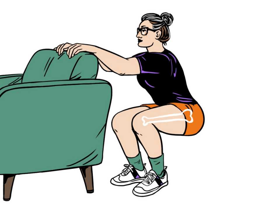 Ilustración de una mujer haciendo sentadillas apollada del respaldo de un sillón