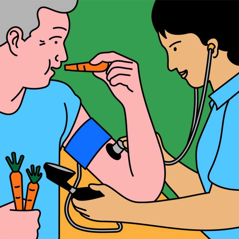  Ilustración de un hombre comiendo zanahorias mientras una enfermera le toma la presión arterial.