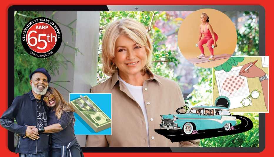Martha Stewart rodeada de fotos que representan la actividad física, el bienestar y las finanzas