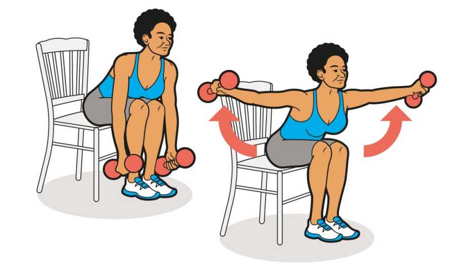 Ilustración de una mujer levantando pesas, sentada e inclinada