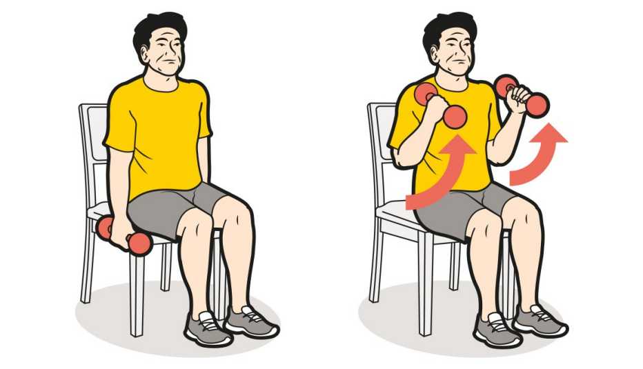 Ilustración de un hombre sentado haciendo flexiones de bíceps