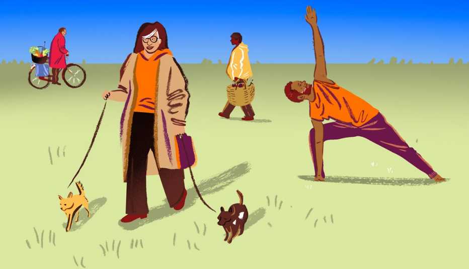 Ilustración de varias personas al aire libre practicando alguna actividad física
