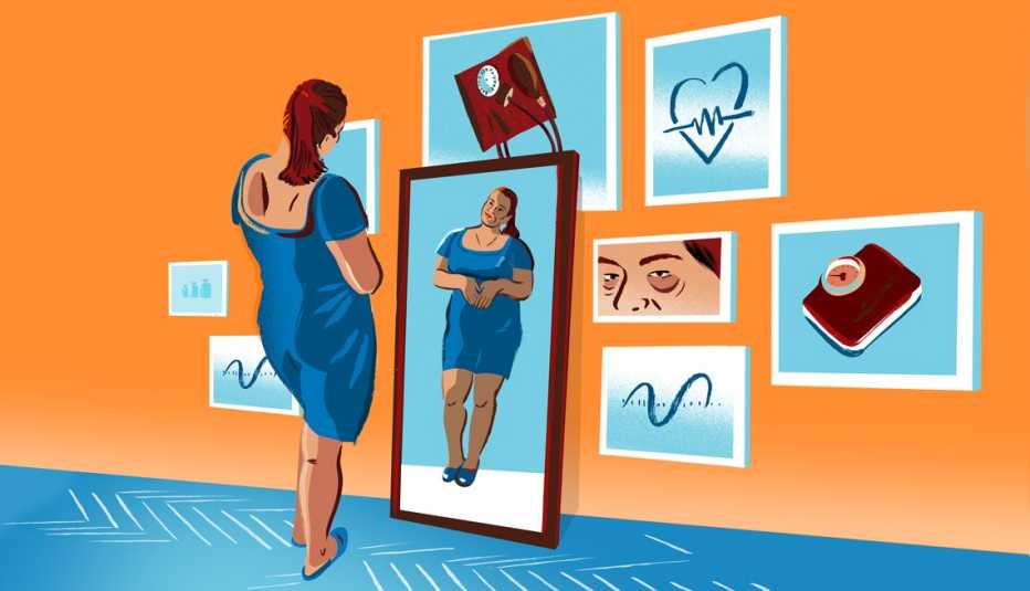 Ilustración de una mujer mirándose en el espejo y rodeada de recordatorios sobre el peso, tales como una báscula, monitor de presión arterial y un monitor cardíaco.