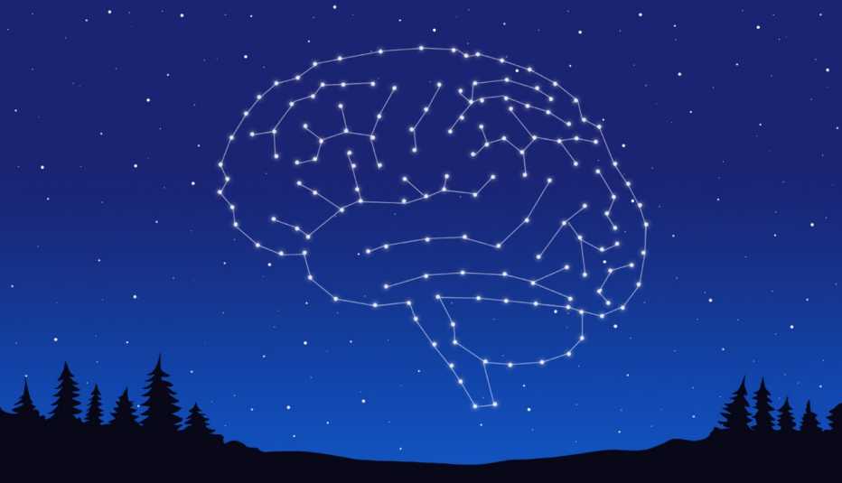Ilustración de una constelación en forma de cerebro en una noche oscura