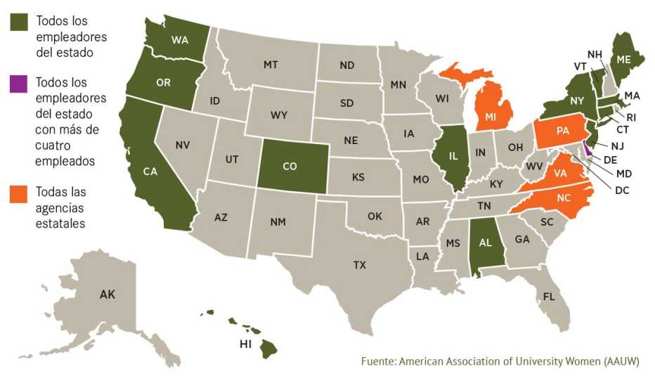 Mapa de Estados Unidos que señala los estados que prohiben preguntar la historia salarial.