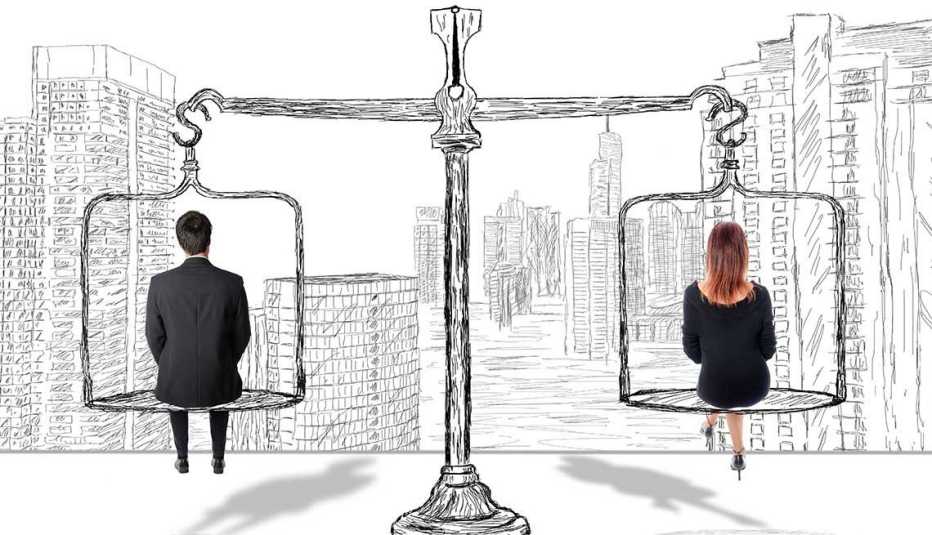 Ilustración balanza salarial entre un hombre y una mujer