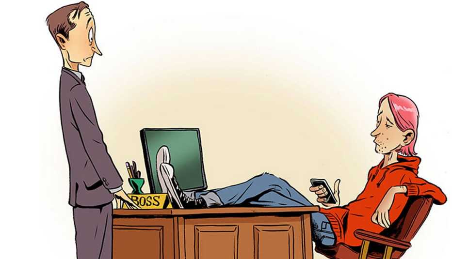 Ilustración de un hombre mayor frente al escritorio de su jefe más joven