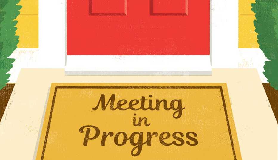 Ilustración de una puerta roja con un tapete con un letretro en inglés que dice reunión en progreso.
