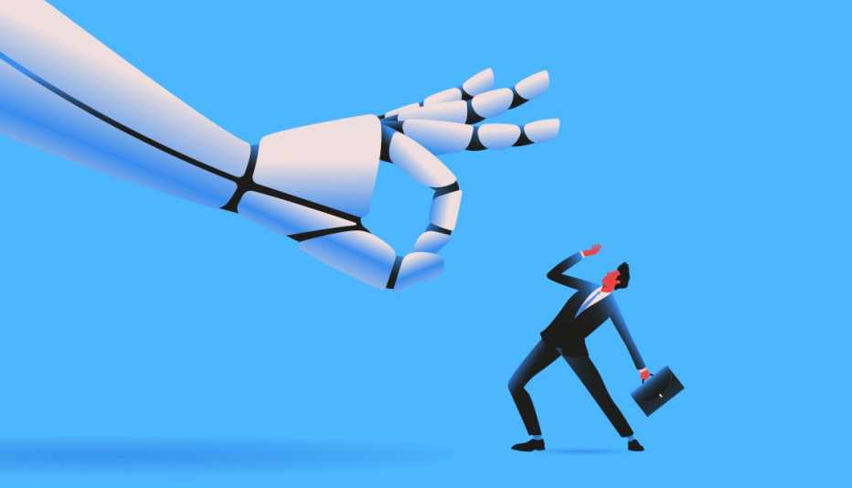 Ilustración de la mano gigante de un robot que va a empujar a un ejecutivo