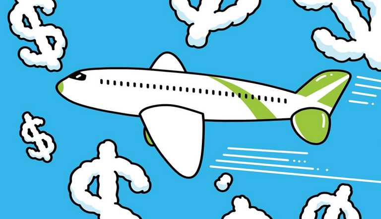 Ilustración de un avión en el cielo sonado por nubes en forma de signos de dólar.