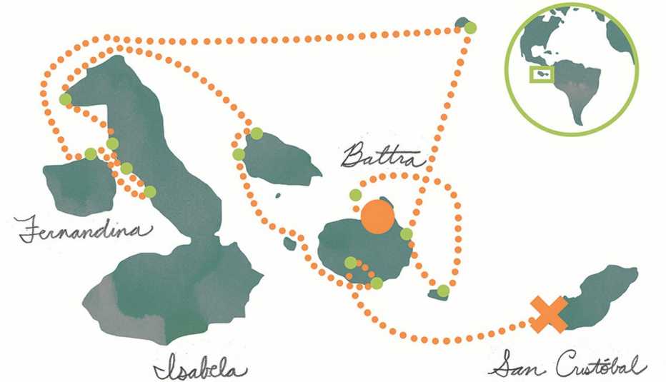 Mapa de la ruta de crucero por las islas Galápagos