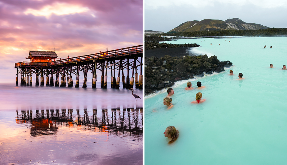left a pier in cocoa beach florida right people swimming in the blue lagoon in iceland