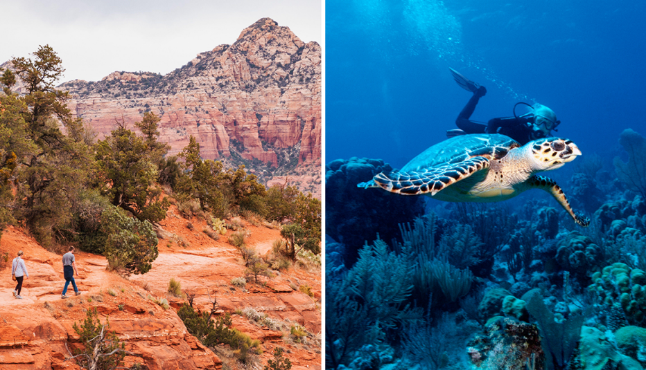 A la izquierda, caminantes en Sedona, Arizona; a la derecha, un buzo con una tortuga marina en Turcas y Caicos.