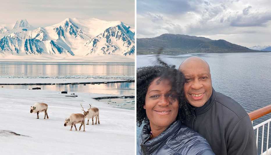 A la izquierda varios renos sobre el hielo en Svalbard, Noriega. A la derecha Heather Greenwood Davis y su esposo.