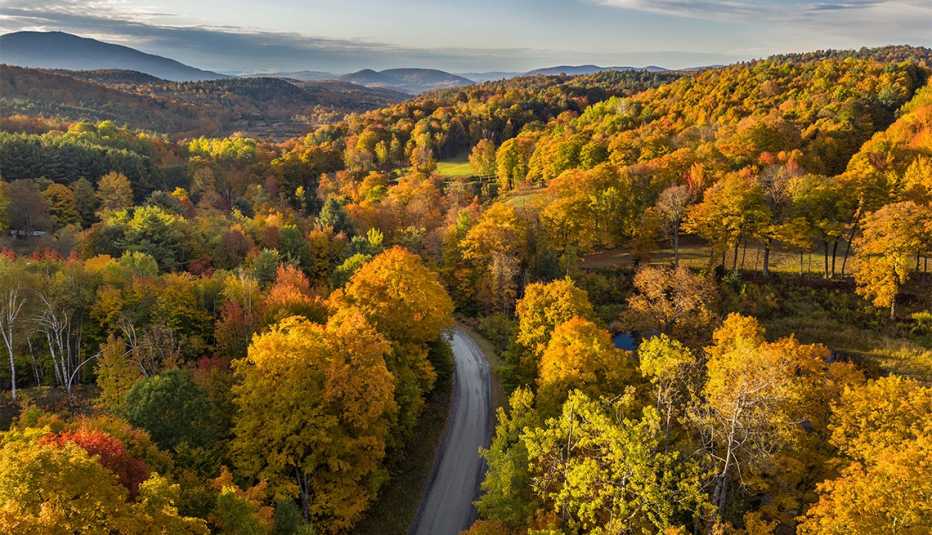 una carretera atraviesa el follaje de otoño en Nueva Inglaterra