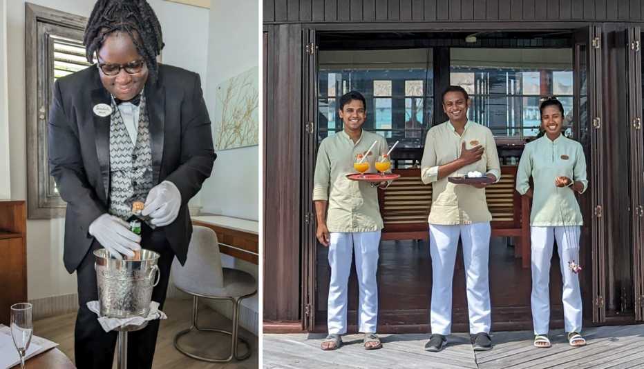 Melisa Williams (izquierda) es mayordoma en el Sandals Royal Barbados. Un equipo de mayordomos (derecha) está listo para atender a los huéspedes en Coco Bodu Hithi Residences, en Maldivas.