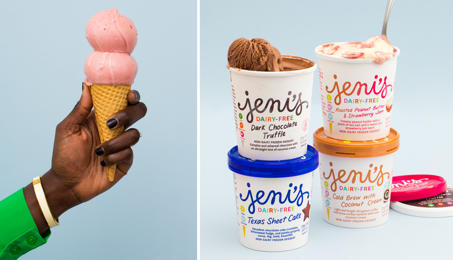 Izquierda, una mano con un cono de helado Jeni's Frose; derecha, ejemplos de los helados Jeni's sin lactosa.
