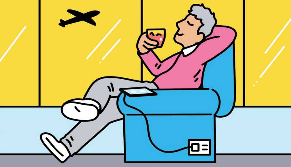 ilustración de una persona relajándose con una bebida en la sala VIP de un aeropuerto, con su tableta conectada a su sillón y un avión visible desde la ventana