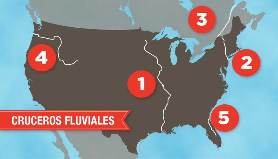 Mapa de Estados Unidos con el título Cruceros Fluviales