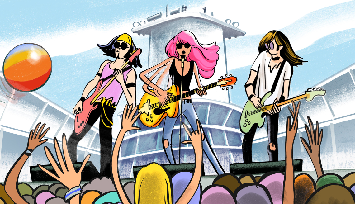 ilustración de una banda tocando en un crucero mientras la gente la anima