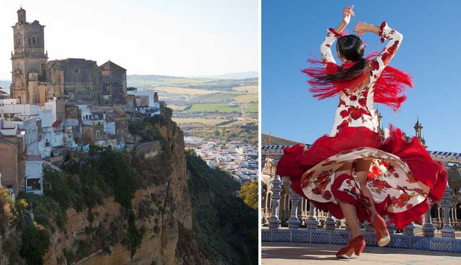 Jerez de la Frontera, España a un lado y una bailadora de flamenco a la derecha