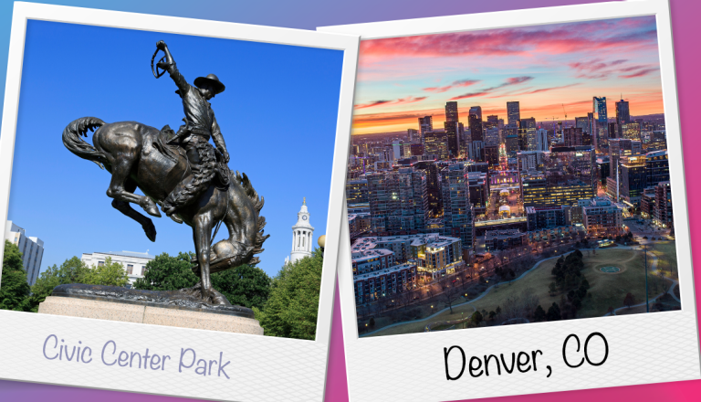 A la izquierda, la escultura Bronco Buster en el Civic Center Cultural Complex, a la derecha el horizonte de Denver, Colorado.
