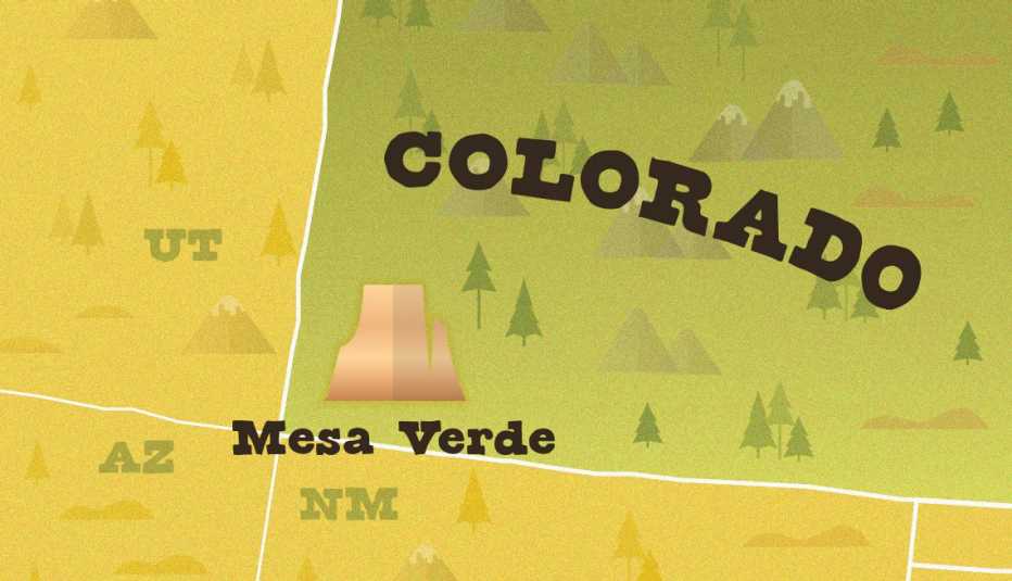 Mapa muestra la ubicación del Parque Nacional Mesa Verde en Colorado