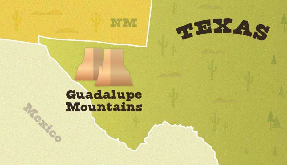 Mapa que muestra la ubicación del Parque Nacional de las Montañas de Guadalupe en Texas