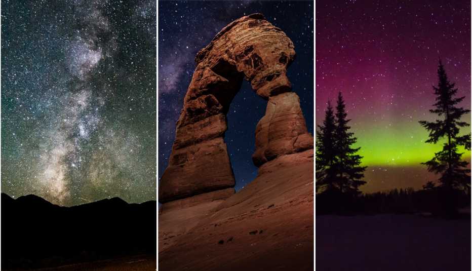 Tres fotos de parques nacionales durante la noche