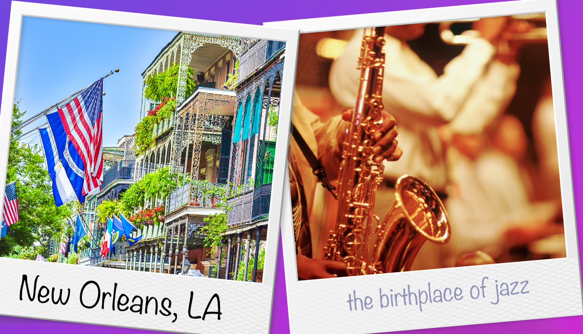 Balcones a la izquierda en el barrio francés de Nueva Orleans, Luisiana, a la derecha, un saxofonista en una banda de jazz.