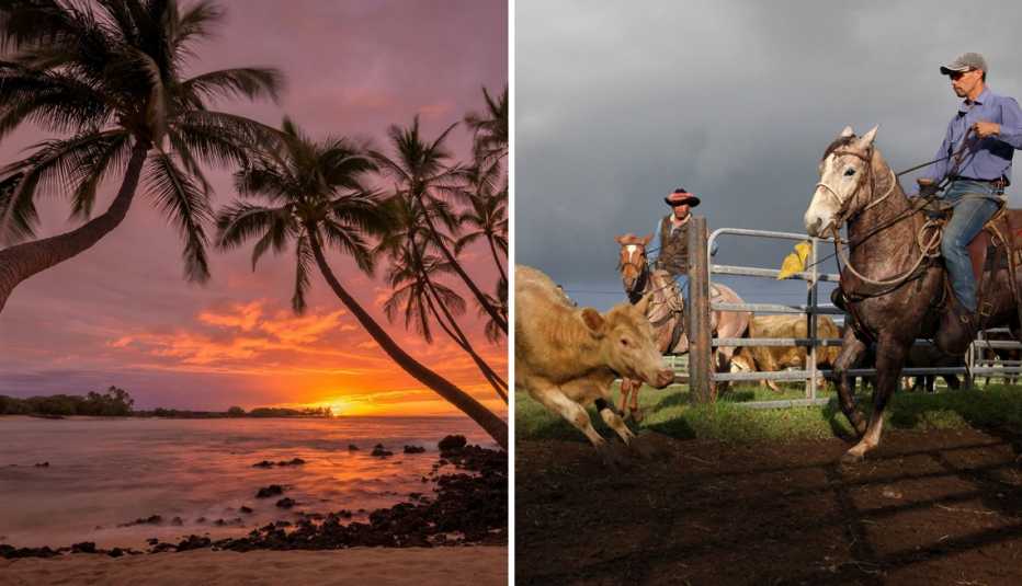 A la izquierda, atardecer en la isla Makalawena. A la derecha vaqueros en Waimea, Hawaii.