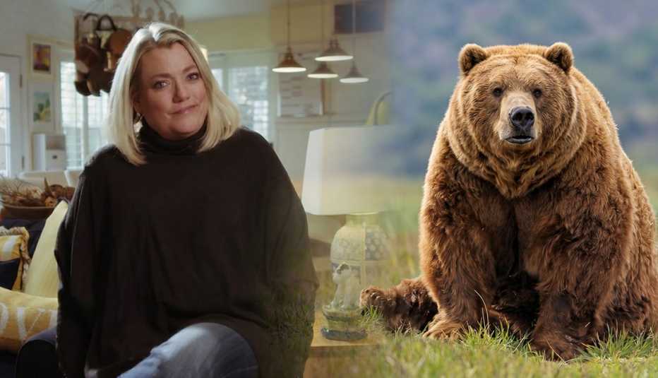 A woman seated indoors in a softly lit home environment beside a composite image of a brown bear sitting on grass outdoors