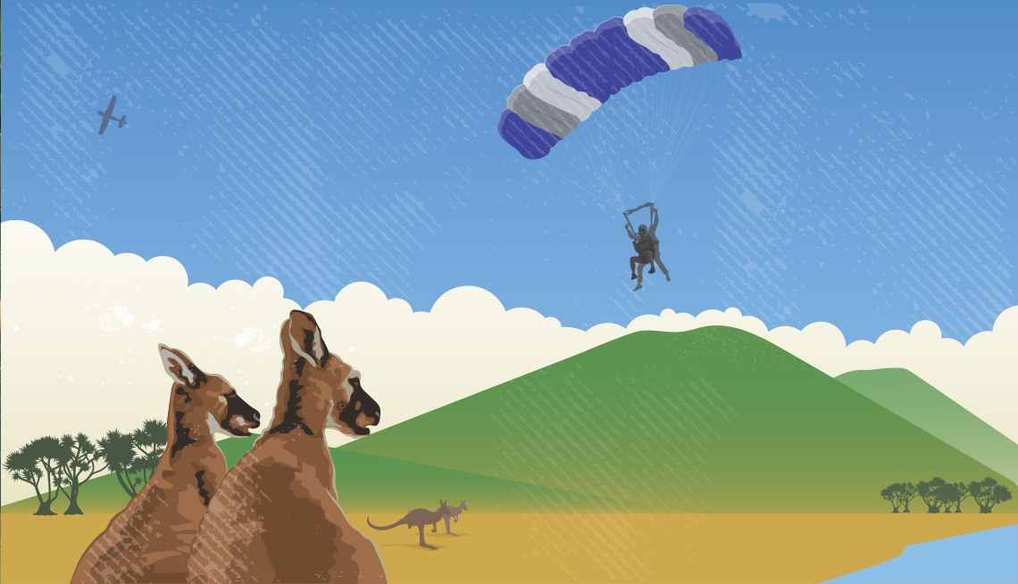 an illustration of two kangaroos looking at a figure parachuting near two green hills