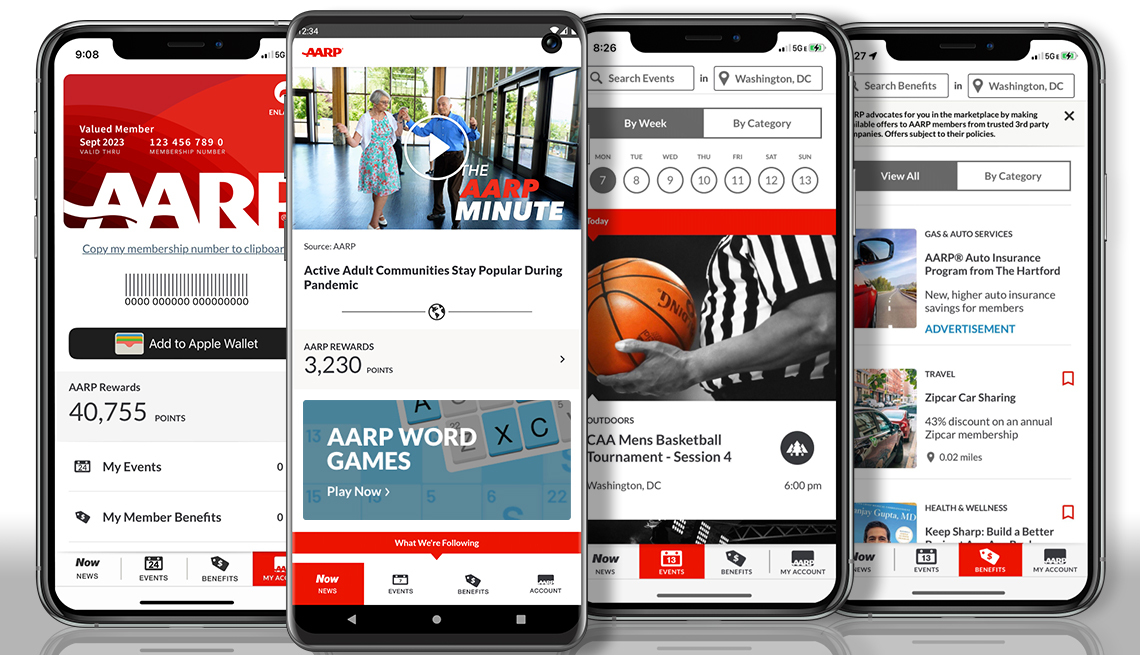 Four mobile devices showing AARP Now app screens