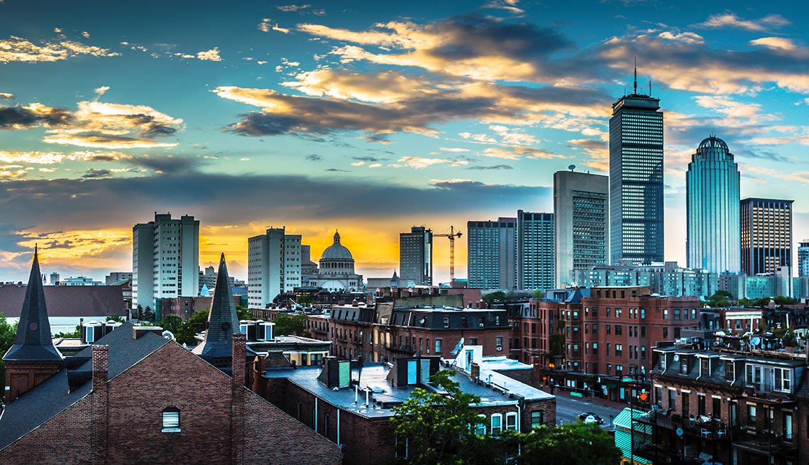 Sunset over Boston, Massachusetts, Clouds, Blue Light, Buildings, AARP Foundation Experience Corps Cities