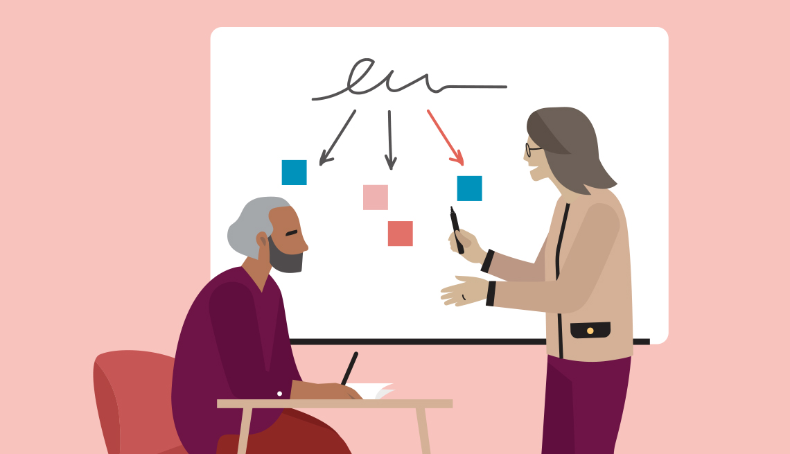 Older Woman Coaching with Whiteboard to Older Man Sitting Down Illustration Against Pink Background