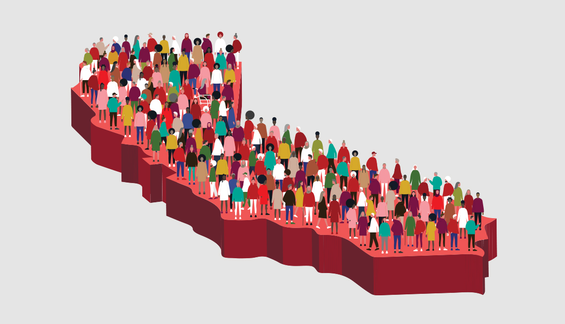 Vibrant illustration of a large group of people standing on a red outline of the state of California