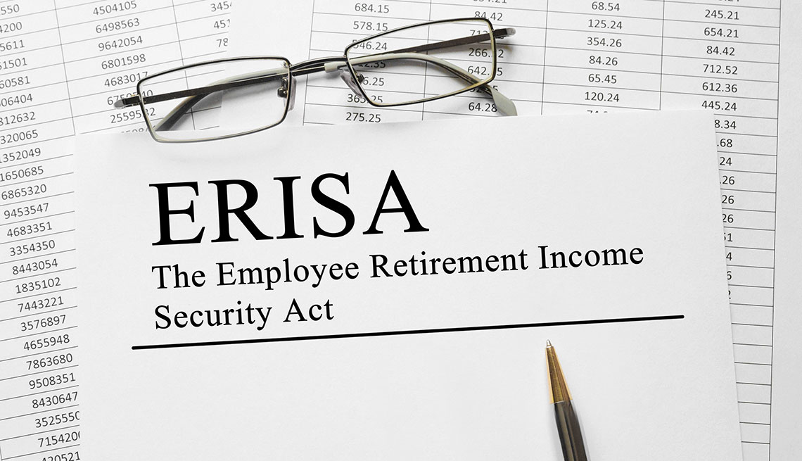 paper that reads E R I S A Employee Retirement Income Security Act with a pair of glasses and pen on top of a spreadsheet