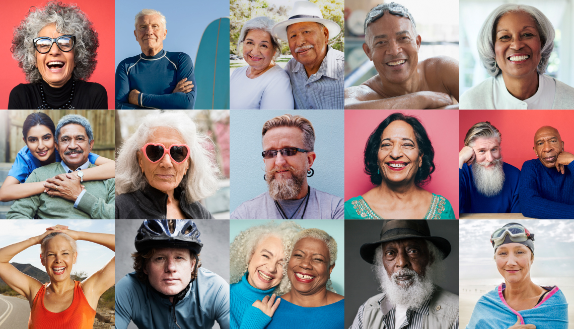 collage of  19 varied and diverse vibrant people over 50