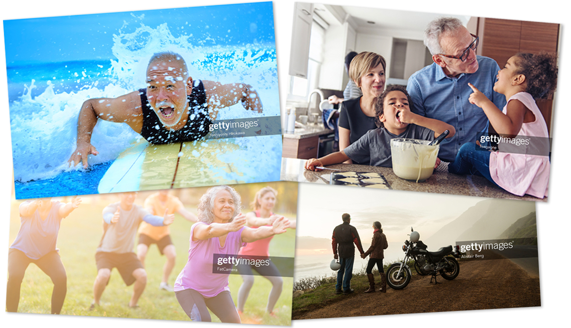 four images of older people, clockwise from top left are a senior man surfing, grandparents making pancakes in the kitchen with grandchildren, a group doing an exercise class, and a couple stopped next to their motorcycle at a scenic overlook
