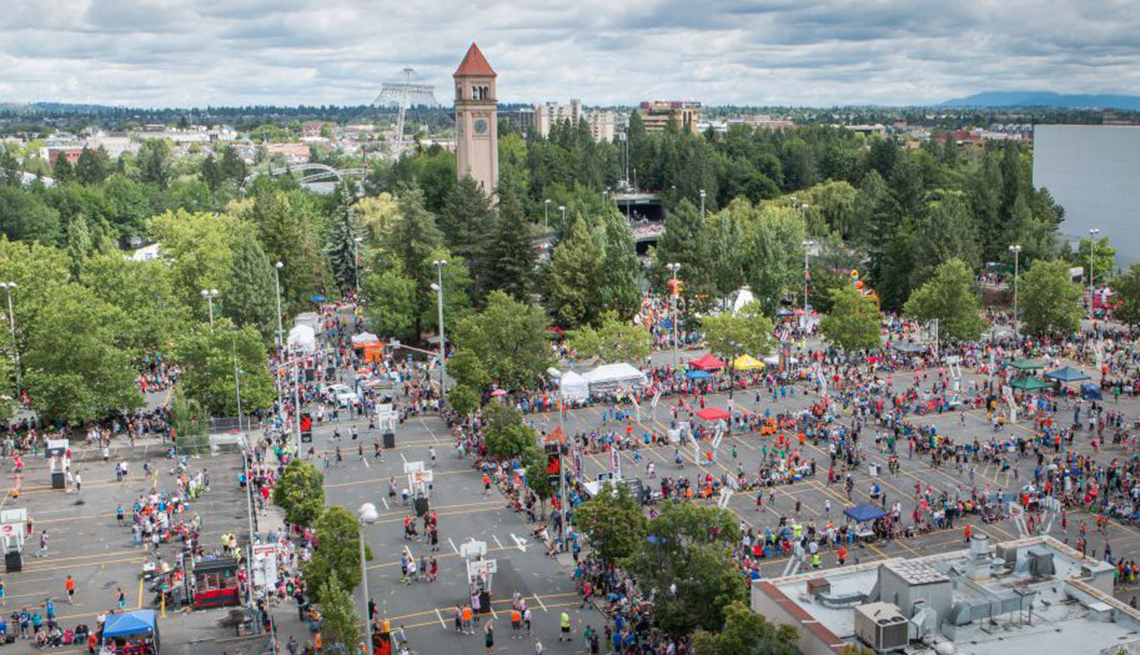 Arial view of a crowd at hoopfest
