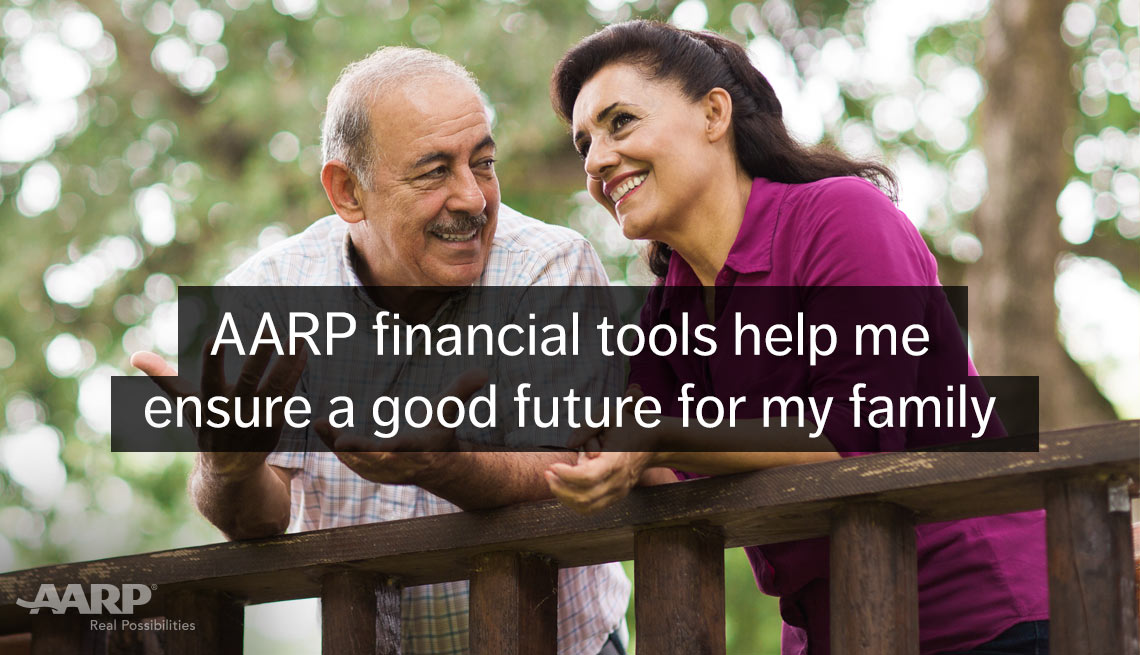 A middle aged hispanic couple smile outdoors with text that reads A A R P financial tools helps me ensure a good future for my family.