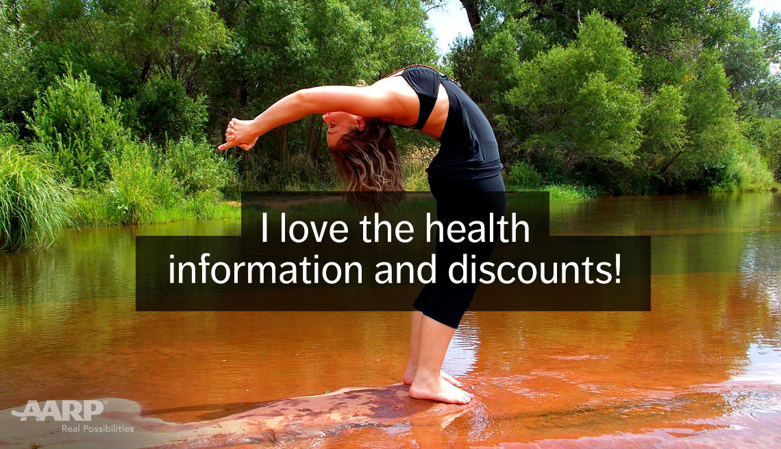 A woman performs a yoga move outdoors with text that reads I love the health information and discounts.