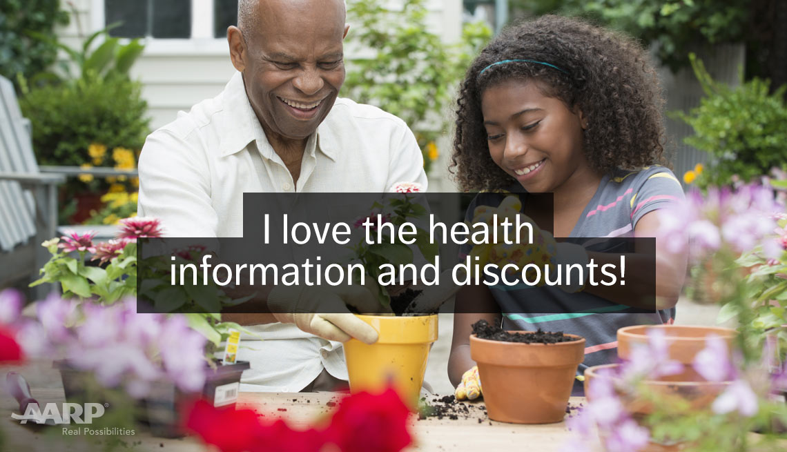 African-american man pots new plants with granddaughter with text that reads I love the health information and discounts.
