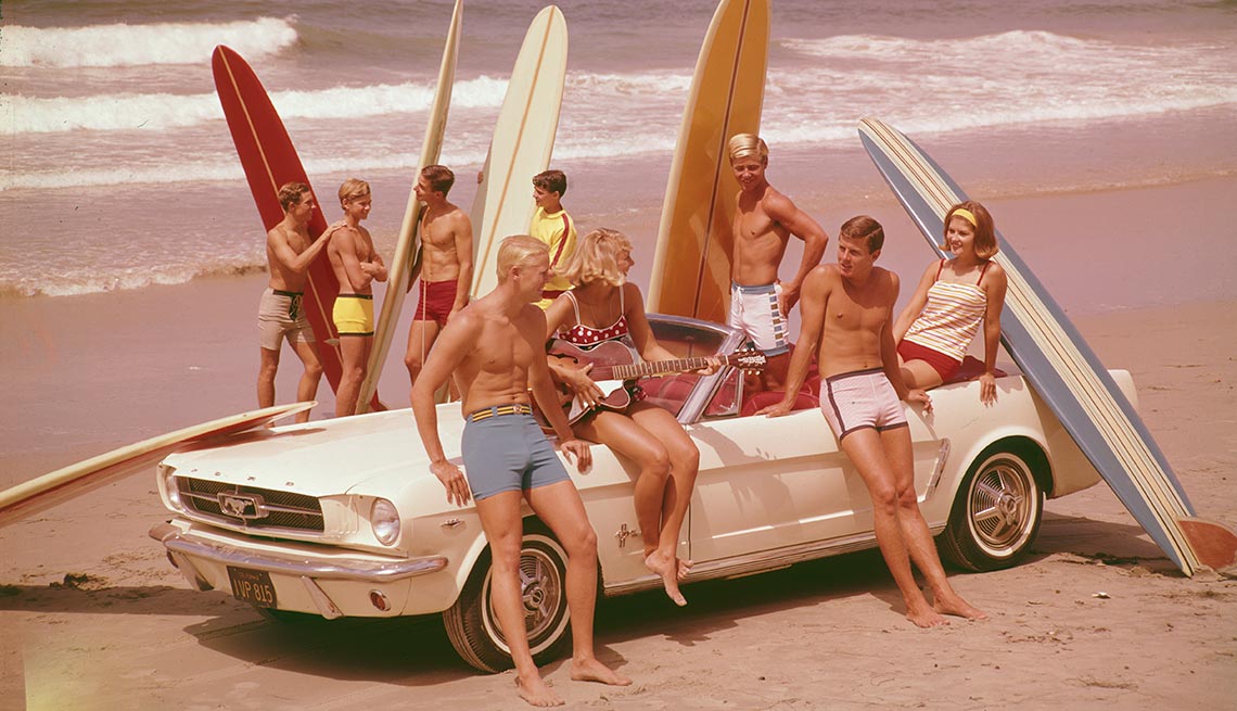 Surfers with Ford Mustang Convertible, Classic Cars Then and Now