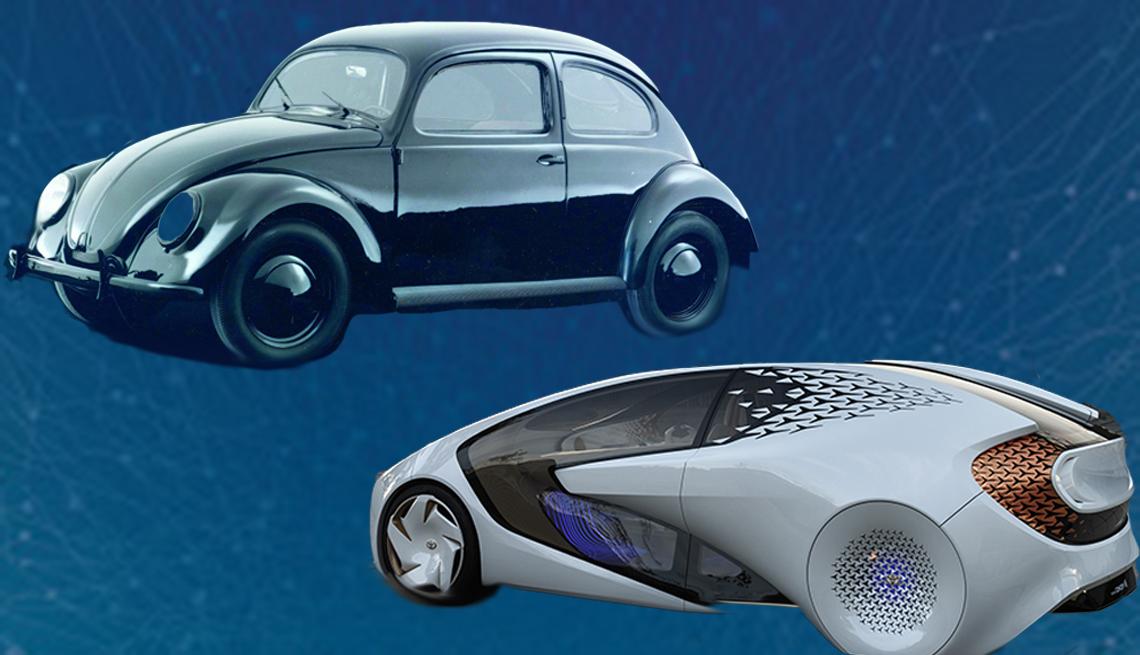 Image of an old Volkswagen Beetle and Toyota's new Concept-I vehicle