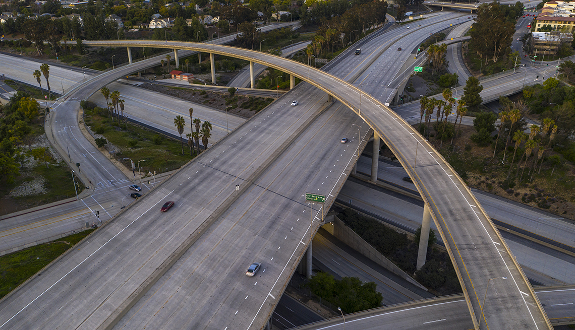 Aerial view of light traffic at the interchange of the 210 134 and 110 freeways
