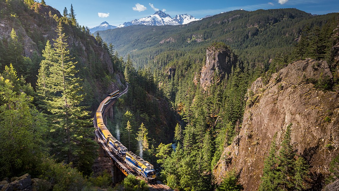 Aerial View Of Train Tour Through The Canadian Rockies