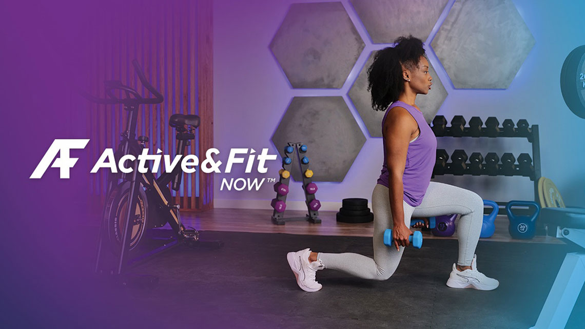 active and fit direct logo in white lettering on purple background with fit woman wearing purple tank top, holding blue free weights, squatting. gym equipment in background including a bike, stand of weights